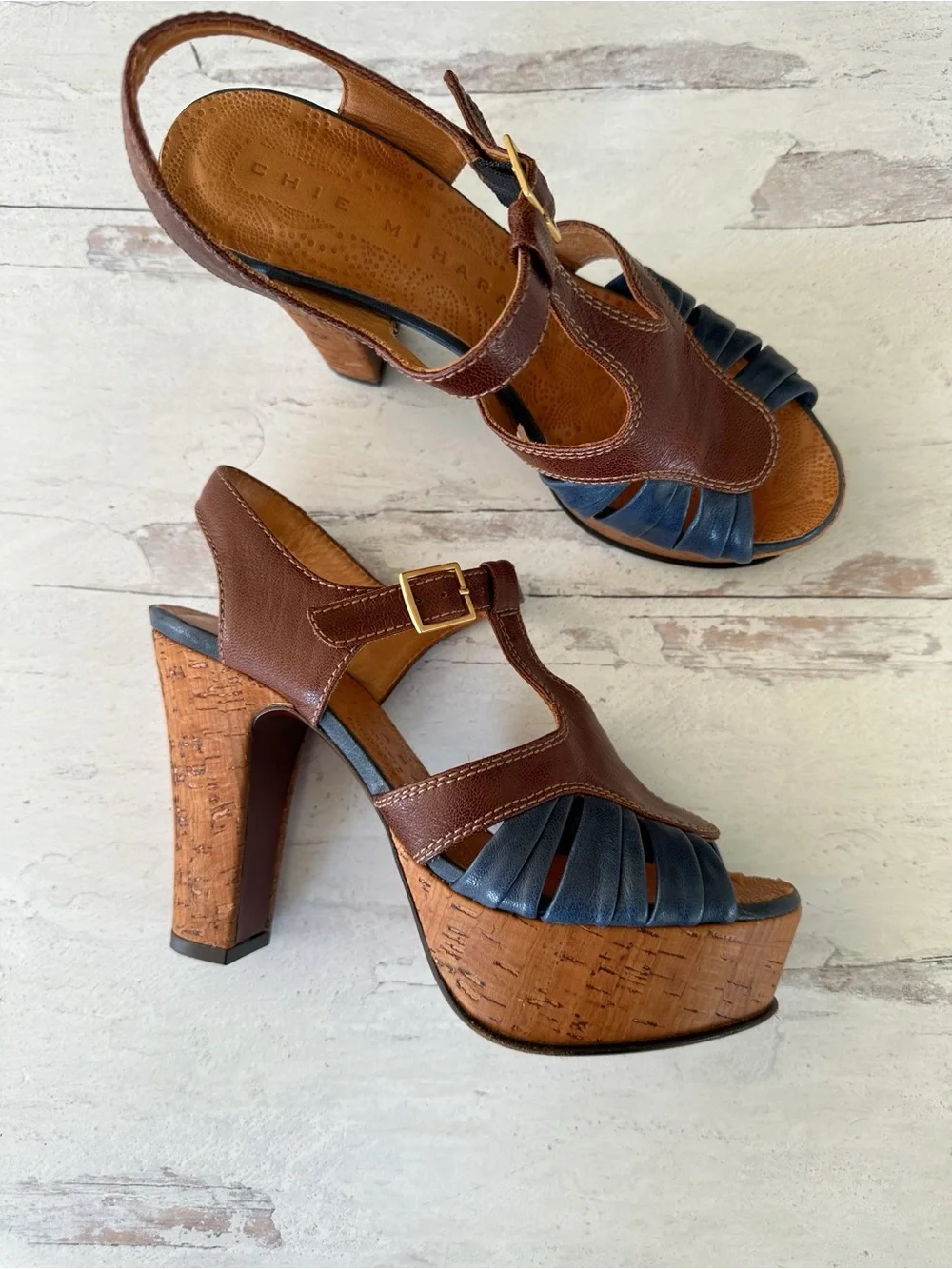 Chie Mihara • Blue Brown Colorblock Cork Platform Heel Sandals